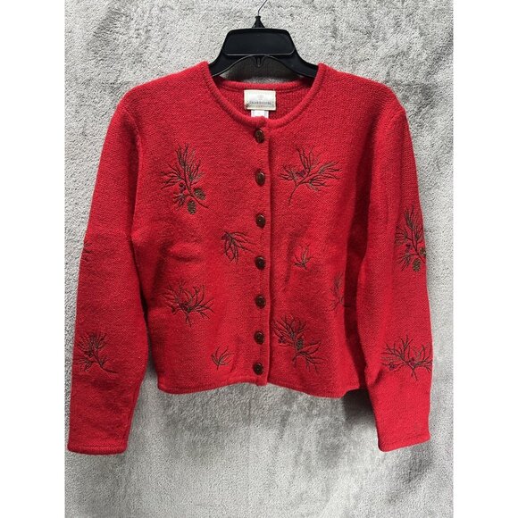 Susan Bristol Sweaters - Vtg Susan Bristol Woman’s PS  Christmas Red Sweater Pinecone Cardigan 100 Wool